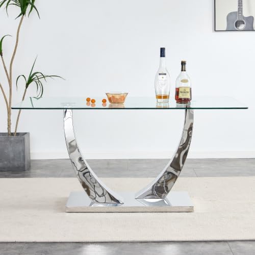 Modern Silver Dining Table, 63" Dining Room Table for 4-6 with Heavy Duty Tempered Glass Top, Rectangular Glass Kitchen Table with Sturdy U Shaped Base for Kitchen Dining Room
