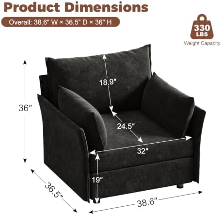ABCASA Oversized Chenille Accent Chair,Washable Cover and Deep Seat,Black | Extra Wide Seat and Washable Cover,with Fluffy Pillows and Soft Cushions,Reading Chairs for Living Room,Bedroom,Pet-Friendly
