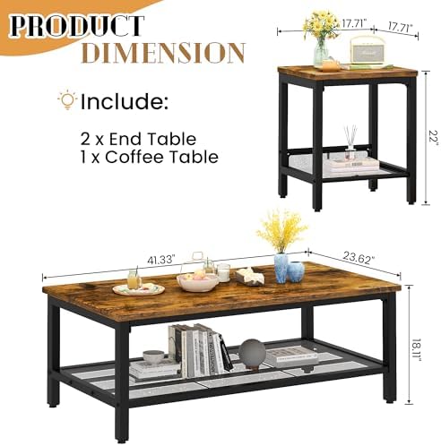Recaceik 3-Piece Living Room Coffee Table Set, Industrial Coffee Table with 2 Square End Side Tables, Modern Living Room Table Set with Metal Frame for Apartment Home Office (Rustic Brown)