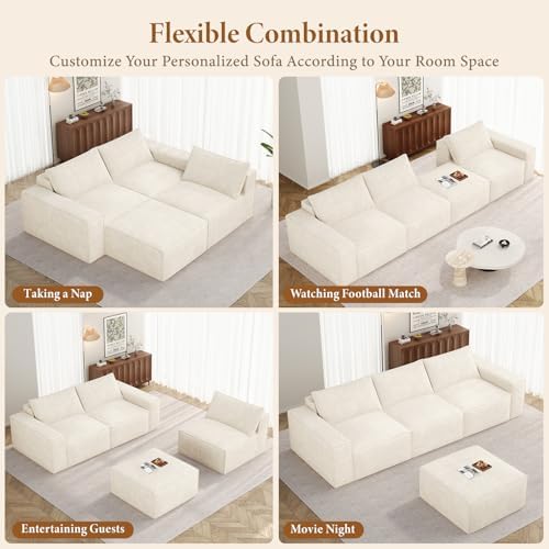 Vesgantti 114" L Shaped Couch, Deep Seat Sectional Sofa, Beige | Oversized 3 Seater Modular Couch with Ottoman, Cloud Sofa for Living Room, No Assembly Required, Free Combination, Chenille