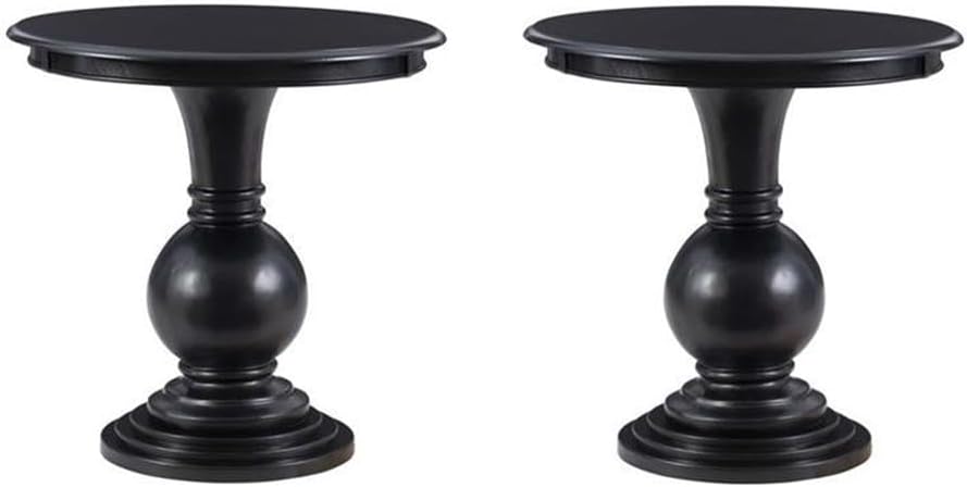 Pemberly Row Set of 2 Round Wood Accent Tables with Pedestal Base in Jet Black