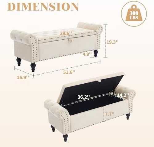 51" Storage Bench for Bedroom, Upholstered Ottoman Bench, Chenille Beige | End of Bed Bench for Bedroom, Window Benches for Living Room, Entryway, Ottoman with Large Storage Space, Pet Friendly