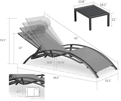 PURPLE LEAF Patio Pool Lounge Chaise Set of 3 Outdoor Lounger Chair, Grey | 2 Chaise + 1 Table, Aluminum Frame, Adjustable Headrest & 5 Recline Angles, Stackable, UV Textilene Fabric, S-Curve Backrest