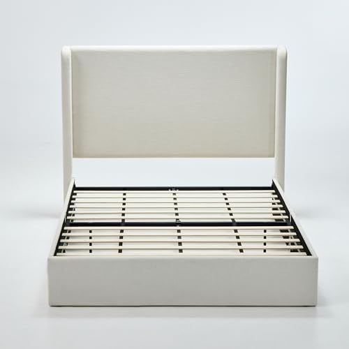 Queen Size Upholstered Platform Bed Frame, 54" High Headboard Carmen Wingback Bed, Fully Upholstered Mattress Foundation, No Box Spring Needed No Noise, Minimalist, Textured Ivory