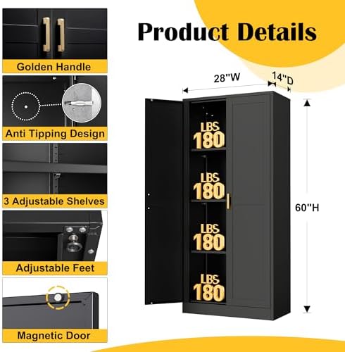 Steeloong 60"Metal Pantry Storage Cabinet with Doors & 4 Adjustable Shelves | Kitchen Pantry Cabinet,Black Kitchen Cabinet with 2 Gold Handles,Tall Cabinet for Livingroom,Pantry, Bathroom,Kitchen,Garage