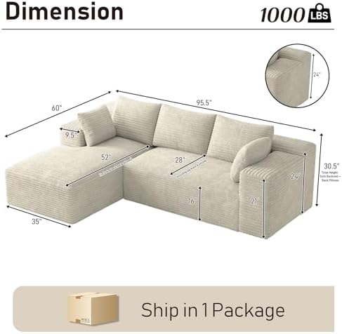ONEMMLION 96" L-Shaped Cloud Couch Sofa with Chaise, Beige White | Corduroy Comfy Fluffy Modular Deep Seat Memory Foam Compressed Sectional Sofa for Living Room Oversized Left Facing Chaise