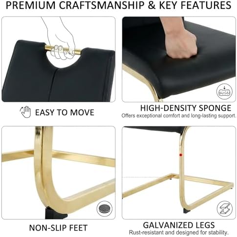 FT Global Modern PU Leather Dining Chair Set of 6, Upholstered Black Chairs with Gold Metal Legs, Kitchen and Dining Room Furniture