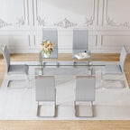 71" Glass Dining Table Set for 6｜Modern Dining Table Set for 6 with Faux Leather Chairs｜0.4" Thick Tempered Glass Tabletop｜Silver Chrome Metal Legs with Grey Crossbar｜Easy Assembly