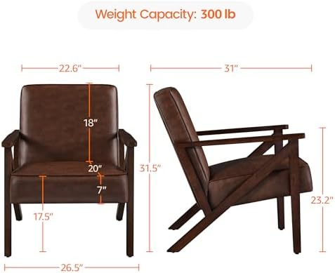 Yaheetech Mid-Century Modern Accent Chair, Lounge Chair, Dark Brown | Faux Leather Chair with Flat Arms, Engineered Wood Frame Armchair, for Living Room/Office/Reading/Reception Area