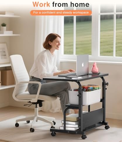 QZMDSM Portable Rolling Desk on Wheels Adjustable Height Desks for Small Spaces, 32" Computer Desk Drafting Tables with Storage Shelves for Home Office Black