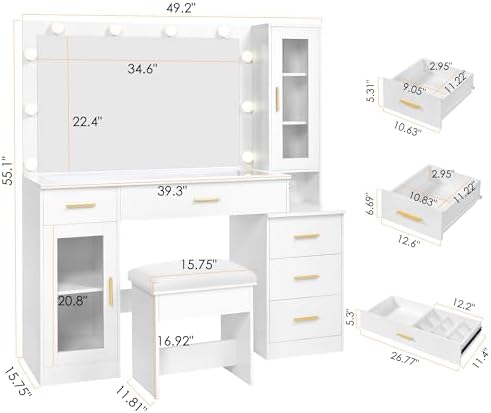 BEWISHOME 49.2" Large Glass Top Vanity Desk with Lighted Mirror and Stool | White Makeup Vanity table with Nightstand,Power Outlet,5 Storage Drawers,3 Lighting Modes,Dressing Table for Bedroom Women