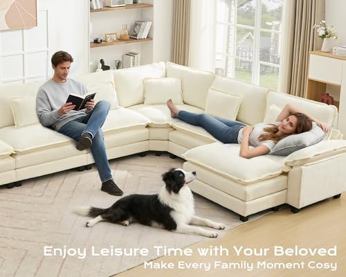 145" Oversized Modular Sectional Sofa U-Shaped Corner Cloud Couch with Ottoman, Convertible Deep Seat Chenille Couch for Living Room, Spacious Space (Cream White, 7 Seater)
