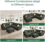 HONBAY Corduroy Sectional Sofa with Storage Ottoman, 6 Seaters L Shaped Small Sectional Couch for Living Room, Green