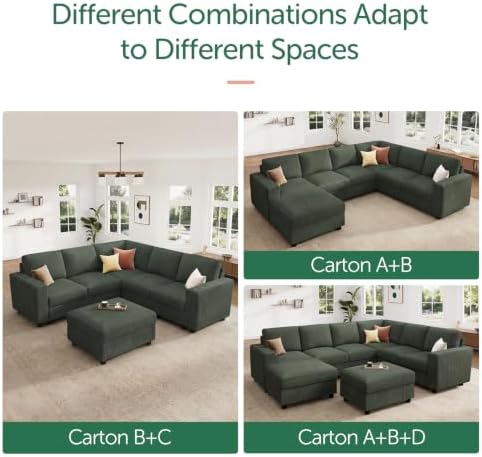 HONBAY Corduroy Sectional Sofa with Storage Ottoman, 6 Seaters L Shaped Small Sectional Couch for Living Room, Green