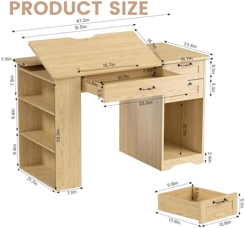 Drafting Table with Storage Cabinet & Drawers, Adjustable Drawing Desk with Open Shelves, Craft Table Painting Desk for Artists, Painters, Drawing, Crafting, Reading, Writing, Working