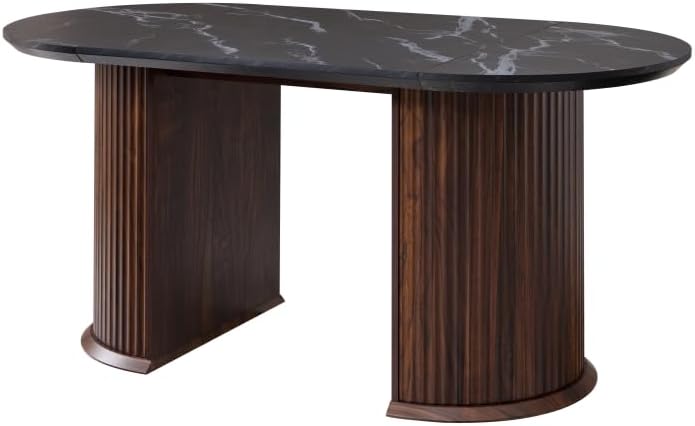 T4TREAM Fluted 63" Oval Dining Table for Kitchen Living Room, Walnut&Black