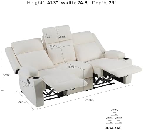 GUEAPY Large Manual Reclining Sofa 3-Seater Chenille Reclining Couch with Cup Holders, Wide Seat, Easy Assembly & Spill-Resistant Fabric Cozy Reclining Sofa for Living Room, Apartment, RV, Beige