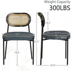 Rattan Dining Chairs Set of 2, Blue Leather Upholstered Dining Chairs with Rattan Cane Back, Mid Century Modern Dining Room Chairs with Black Metal Legs & D-Shaped Thicken Cushion, Blue