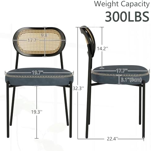 Rattan Dining Chairs Set of 2, Blue Leather Upholstered Dining Chairs with Rattan Cane Back, Mid Century Modern Dining Room Chairs with Black Metal Legs & D-Shaped Thicken Cushion, Blue