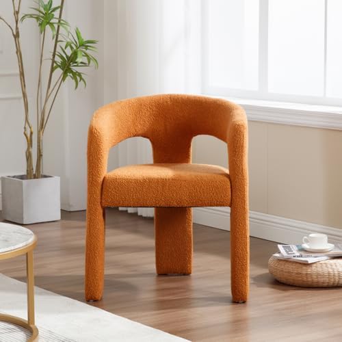HNY Modern Sherpa Barrel Single Dining Chair, Orange | Upholstered Accent Armchair With 18.5" Wide Seat No Assembly Required For Living Room Bedroom Vanity Small Spaces