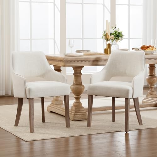 Dining Chairs Set of 6 Linen Upholstered Accent Kitchen Chair with Hollow Back/Padded Seat/Wood Legs for Dining Room Restaurant Home Decor, Beige