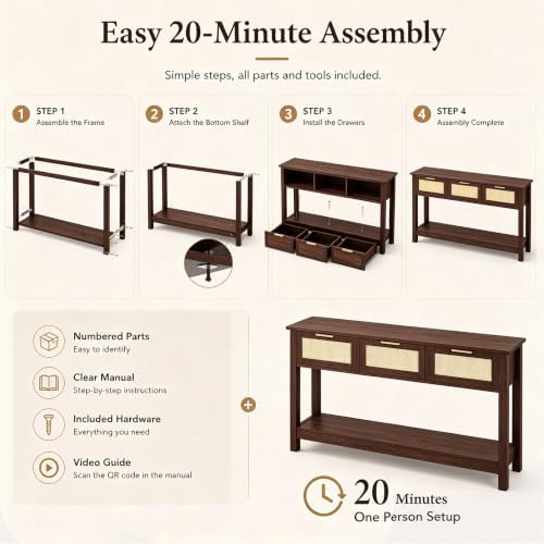 Luoxiao Console Table for Entryway with 3 Rattan Drawers Storage Open Shelf | Narrow Entry Table for Hallway, Foyer, Couch, Front Entrance, Anti-Tip, Easy to Assemble, 47 Inch, Walnut, Mid-Century Modern