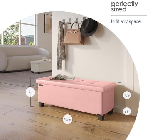 Storage Ottoman Bench with Bins, 43-in Storage Bench for Bedroom End of Bed, Folding Foot Rest Ottoman for Living Room Max 660lbs, Leather Ottomans, Pink