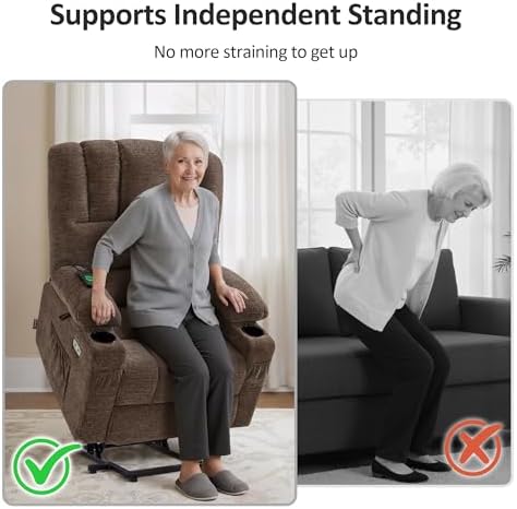 MCombo Power Lift Recliner Chair for Elderly 7095 (Medium, Coffee) | Stand Assistance, Heat and Massage, 4.7" Extra Footrest, USB Charge Ports, Cup Holders, Side Pockets, Fabric, Easy Assembly