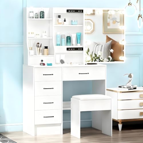 Vanity Desk with Mirror and Lights, 6 Drawers 6 Shelves 1 Stool & Sildeable Mirror Makeup Vanity, 3 Modes Light Adjustable, White, 51" H