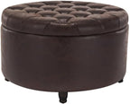 Niche Knight 28-Inch Large Round Pintucked Storage Ottoman with Lift-Off Lid, Tufted Faux Leather Accent Footrest for Living Room, Bedroom, Entryway, Hidden Storage – Brown Faux Leather