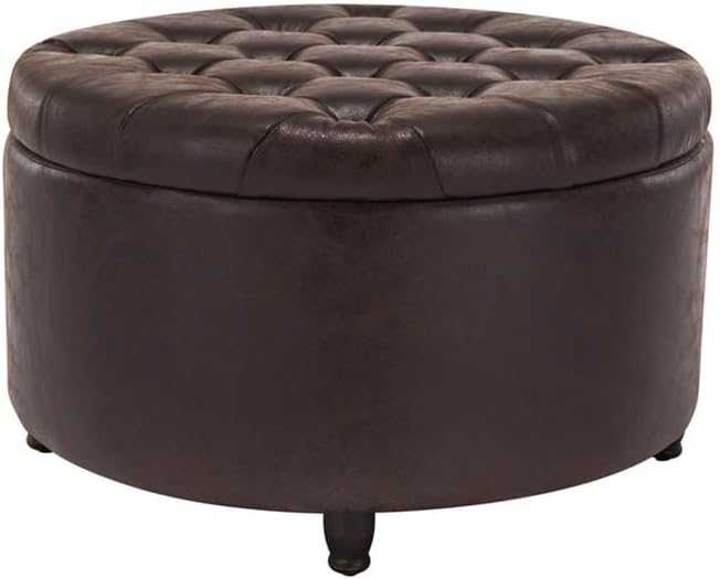 Niche Knight 28-Inch Large Round Pintucked Storage Ottoman with Lift-Off Lid, Tufted Faux Leather Accent Footrest for Living Room, Bedroom, Entryway, Hidden Storage – Brown Faux Leather