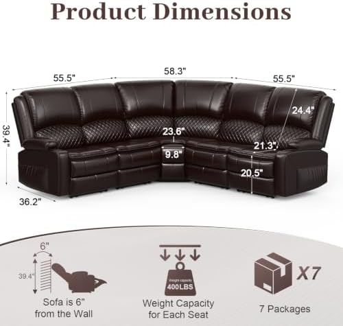 Upgraded 5 Seater Reclining Sofa Set, Modern Living Room Couch (Pu,Brown) | Home Theater Seating with Removable Console, Recliner Sectional Couch with Storage, Reclining Sectional Couch Set with USB