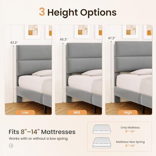 GRUSIGN King Size Platform Bed Frame with Velvet Headboard, Adjustable Height Wooden Slats Support, Upholstered Mattress Foundation, Fits Mattress or Mattress with Box Spring, Easy Assembly, Grey