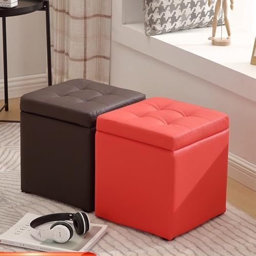 Bonded Leather Square Cube Storage Ottoman,12x12x14inch,Upholstered Foot Rest Stool with Hinged Lid,Faux Leather Footrest Ottoman Thicken Foam Padded Seat (Purple)