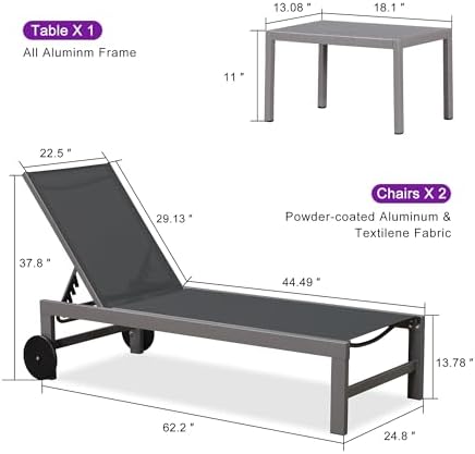 PURPLE LEAF Patio Lounge Chair Set for 2, Quick-Dry Fabric, Grey | Rust-resistant powder-coated frame, 270 lbs, quick-dry/fade-resistant Textilene mesh, 5-pos flat recline, wheels, side table