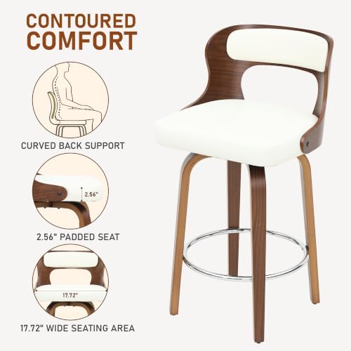 ClinQ 26" Counter Height Barstool Set of 2，Bentwood Leg and Back，White | 360° Swivel Barstool | Faux Leather Upholstered Seating | Ergonomic Backrest | Mid Century Style | Kitchen & Restaurant Use