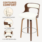 ClinQ 26" Counter Height Barstool Set of 2，Bentwood Leg and Back，White | 360° Swivel Barstool | Faux Leather Upholstered Seating | Ergonomic Backrest | Mid Century Style | Kitchen & Restaurant Use