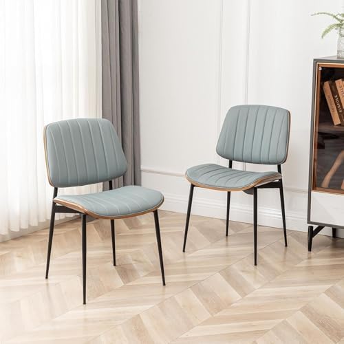 LUNLING Dining Room Chairs Mid Century Modern Retro Blue Faux Leather Chair with Walnut Bentwood Upholstered Seat Metal Legs Kitchen Chairs Adjustable Foot for Kitchen Dining Room,1PCS