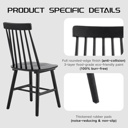 Black Dining Chairs Set of 6, Farmhouse Windsor Spindle Back | 17.5" Wide Seat, Solid Wood, Armless Design, Mid Century Modern, Kitchen & Dining Room Chairs, Easy Assembly
