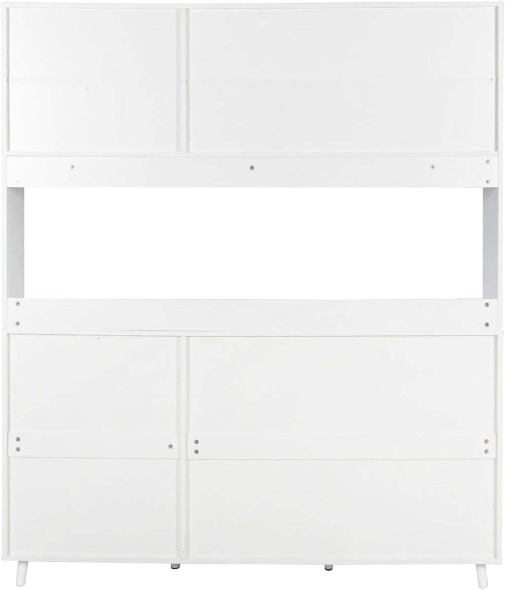 Modern White Kitchen Buffet and Hutch Storage Cabinet with Glass Doors, 4 Drawers, Open Shelves, and Hooks, Multifunctional Sideboard for Dining Room and Kitchen Organization