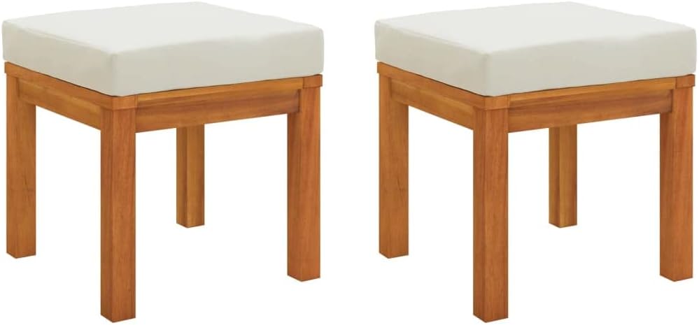 Solid Acacia Wood Garden Stools with Cushions 2 Pcs, 15.7x15.7x16.5 Inch Outdoor Stools for Patio Terrace