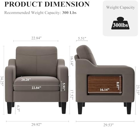 Accent Chairs Set of 2 for Living Room, Mid-Century Upholstered Armchair with Foldable Table & 2 Side Pockets, Modern Linen Wooden Sofa Chair for Bedroom & Reading Room, Brown