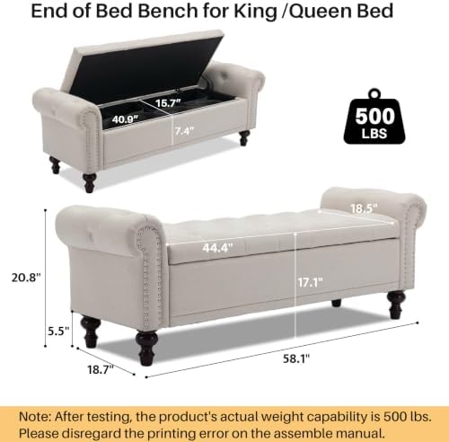 SOFTHION 58.1" Storage Bench for Bedroom, Linen Upholstered, Beige | End of Bedroom Bed Bench Ottoman with Tufted Cushioned Rolled Arm Large Storage Space for Reading/Living Room/Entryway