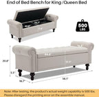 SOFTHION 58.1" Storage Bench for Bedroom, Linen Upholstered, Beige | End of Bedroom Bed Bench Ottoman with Tufted Cushioned Rolled Arm Large Storage Space for Reading/Living Room/Entryway