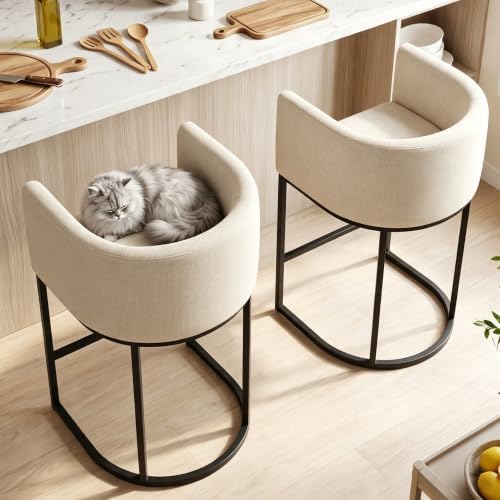 26" H Counter Height Bar Stools Set of 2, Modern Barrel Counter Stools with Backrest and Arms, Linen Fabric Upholstered Accent Barstools for Kitchen Island,Support 450 LBS (Beige)