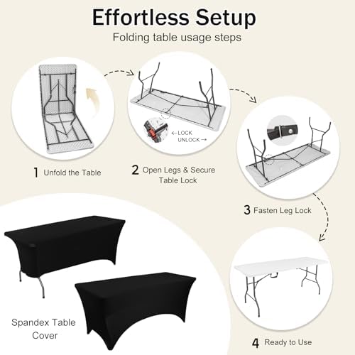 1 Set 6 FT Rectangle Folding Table with Carrying Handle, Lightweight Fold-in-Half Utility Table, with Matching Black Stretch Spandex Covers, Ideal for Weddings, Parties, Camping, Banquets, Crafts