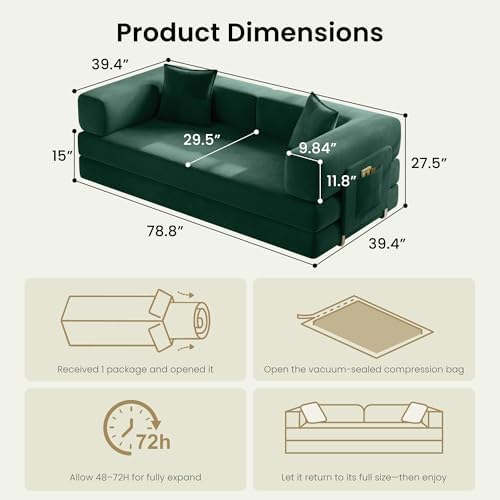 78.8" Convertible Futon Sofa Bed, Couch for Living Room | Corduroy Loveseat Sleeper Sofa, Modular Futon Couch with Storage Pocket, Pull Out Couch No Assembly | Forest Green
