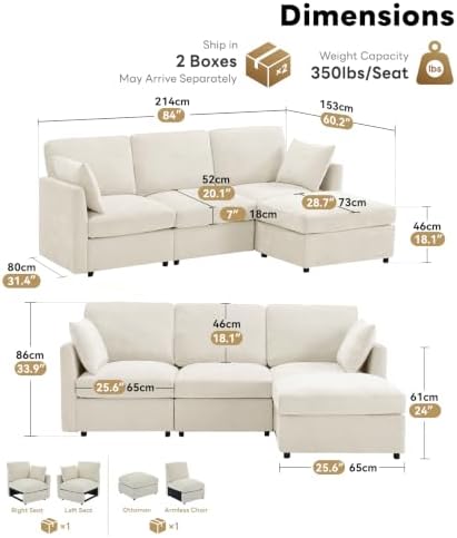 Iroomy Sectional Cloud Couch for Living Room, Spring Cushion Seating, L Shaped Convertible Modular Sofa with Ottoman, Beige