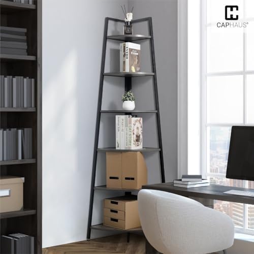 CAPHAUS 4-Tier Corner Shelf Stand, Tall Display Shelves, Ladder Corner Wood Storage Plant Bookshelf with Metal Frame, Versatile Shelving Unit Bookcase for Home Office Space, Dark Grey