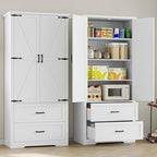 BORNOON Pantry Organizers and Storage Cabinet, 71” Barn Door White Kitchen Cabinet with Drawers and Adjustable Shelf, Tall Pantry for Kitchen, Dining Room, Living Room. Bathroom and Office